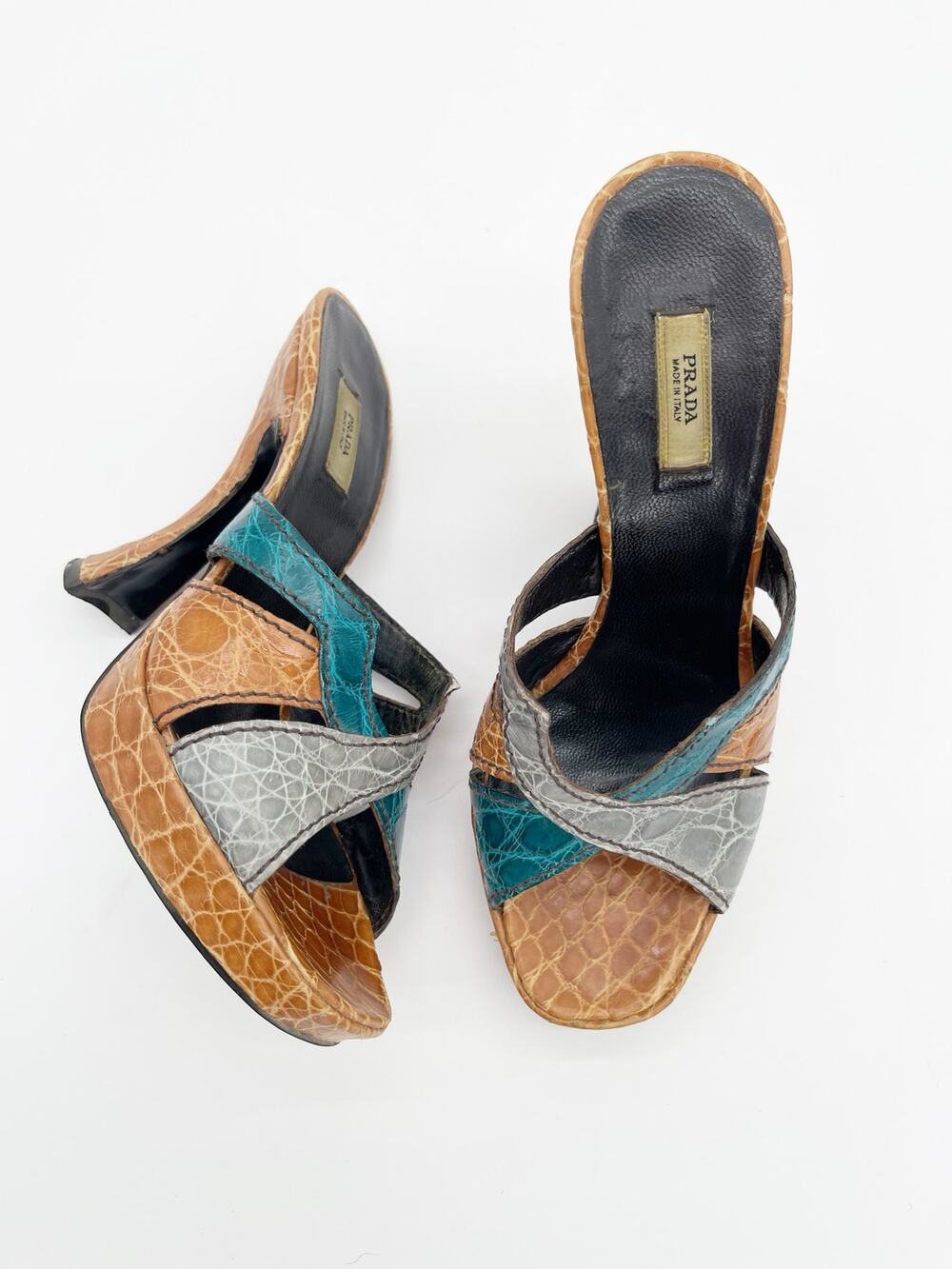 Prada Vintage Fall 2004 Runway Multicolor Alligator Platform Mule Heels IT 35